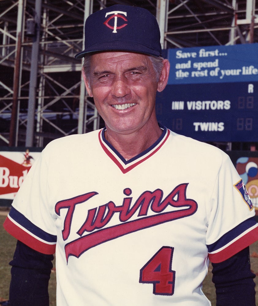 Head and shoulders portrait of Gene Mauch in Twins uniform